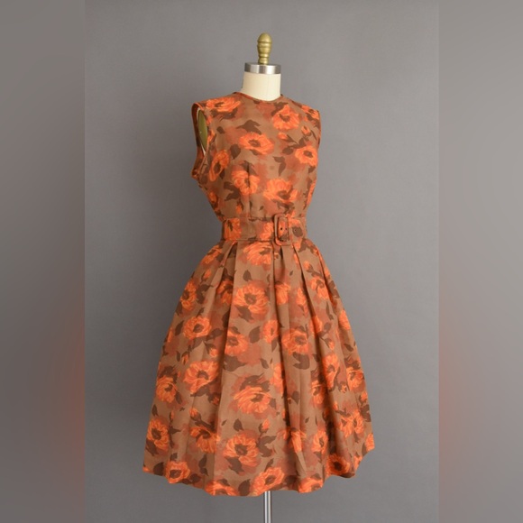 vintage 60s dress | Gorgeous Orange Floral Print Fall Full Skirt Dress - Picture 5 of 7